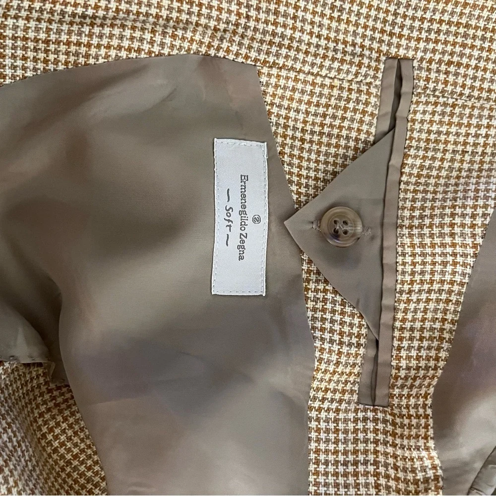 Ermenegildo Zegna Italian Linen Carmel Tan Beige Houndstooth Blazer Jacket 48R